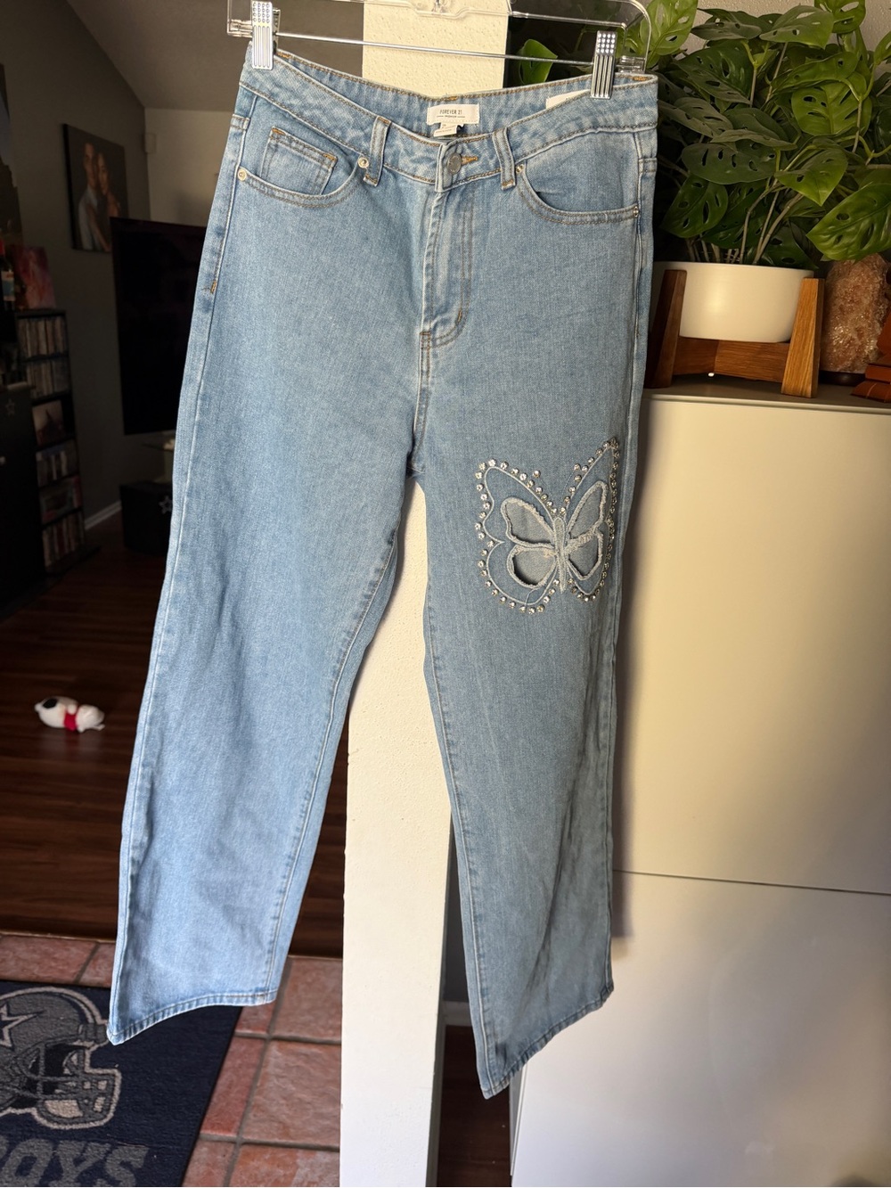 Forever 21 Light Blue Straight-Leg Jeans with Butterfly Embroidery